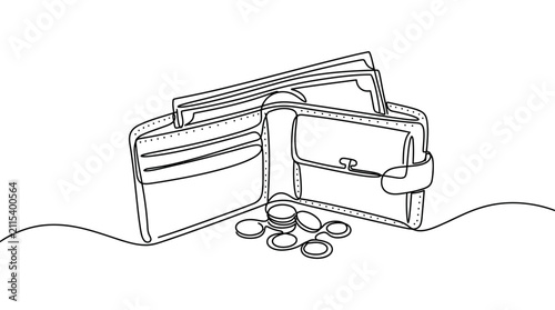 Minimalist continuous one line drawing of a leather wallet accessory for money and cards