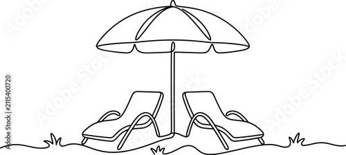 Obraz na płótnie Continuous line drawing of two sun loungers under a beach umbrella