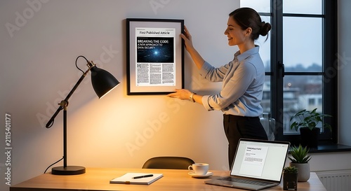 A woman in an office setting is carefully hanging a framed document on the wall. The scene is lit by a desk lamp and the soft glow of the city lights outside.