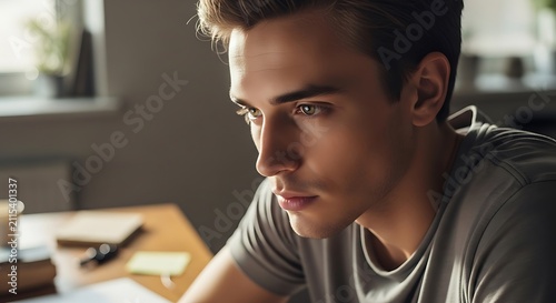 Close-up of a young man with short brown hair, looking intently at a computer screen. He is wearing a grey t-shirt and is in a well-lit office environment.
