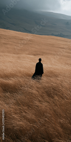 Person walking through golden grass field under a cloudy sky, creating a serene and contemplative atmosphere