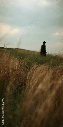 Silhouette of a person walking through tall grass under a cloudy sky, evoking a sense of solitude and nature.