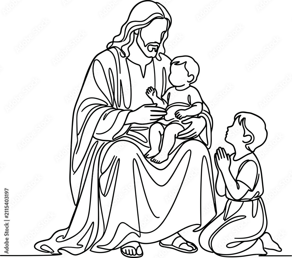 Obraz premium Jesus Christ blessing children continuous line drawing.