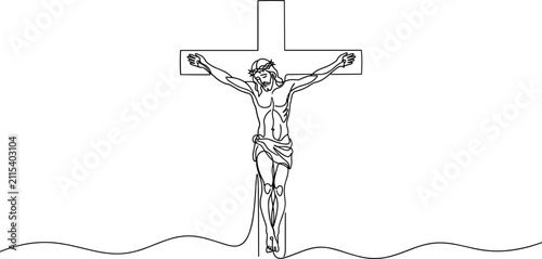 Foto Black and white line art illustration of Jesus Christ on the cross