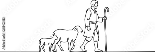 Foto A line art illustration of a shepherd guiding sheep and a lamb.