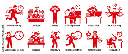 Bild auf Leinwand Business Stress and Overwork Icon Set