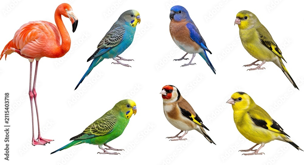 Fototapeta premium Various colorful birds isolated on white background for design elements