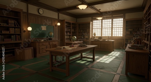 Vintage library interior with bookshelves desk and overhead lighting