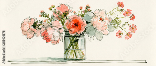 Vibrant floral arrangement in a glass vase featuring pink and coral flowers with green foliage on a light background