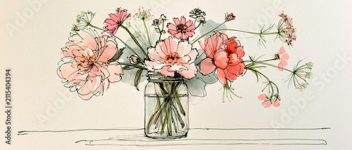 Vibrant floral arrangement in a glass jar featuring pink and white flowers on a light background