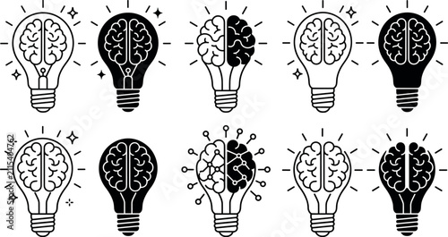 Konstfotografi Brain lightbulb icon set symbolizing creative thinking innovation brainpower tec