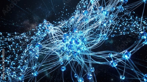 Abstract network of glowing blue nodes and connecting lines representing a complex system or interconnected web of data in deep space