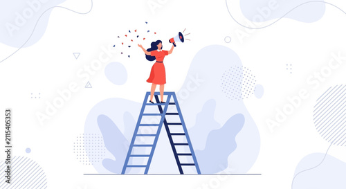 Woman with Megaphone on Ladder, Announcing Success and Celebration with Confetti