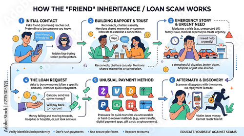 Infographic Explaining How Friend Inheritance and Loan Scams Operate.