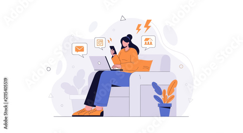 Woman multitasking with laptop and phone, feeling overwhelmed by notifications and digital overload.
