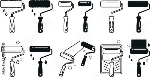 Paint roller vector icon set featuring home renovation tools wall painting equipment tray and fresh wet liquid drops vector