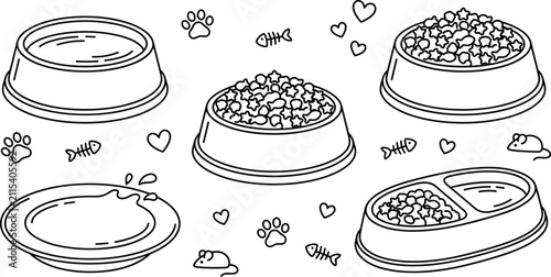 фотографія Pet food bowl vector icon set featuring dog kibble cat water dishes double feede