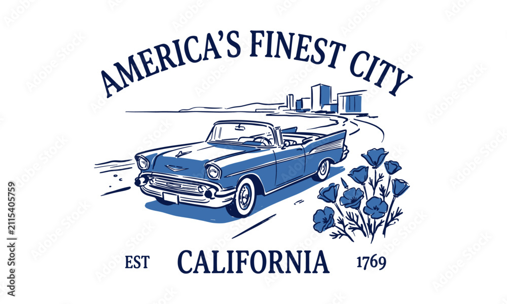 Obraz premium Retro blue car sketch with California poppies and a coastal city skyline for apparel design