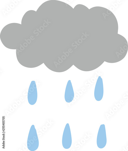 A simple illustration of a grey cloud with blue raindrops falling, depicting a rainy weather condition.