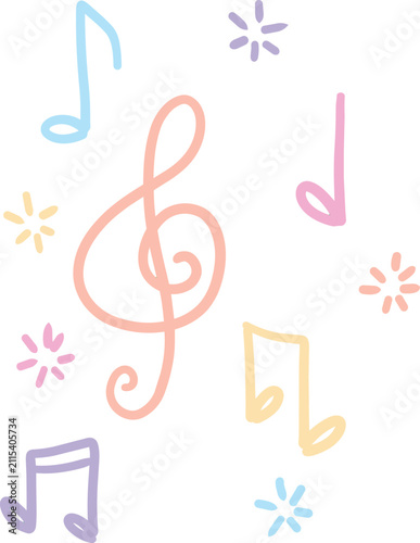 A whimsical illustration of pastel-colored musical notes and sparkling stars scattered across a clean white background, evoking a cheerful and lighthearted melody.