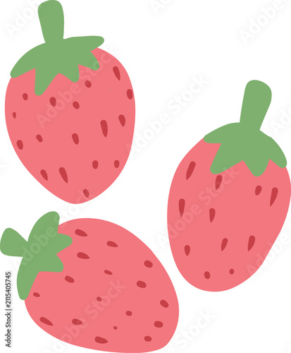 Three simple cartoon strawberries with green leaves on a white background.
