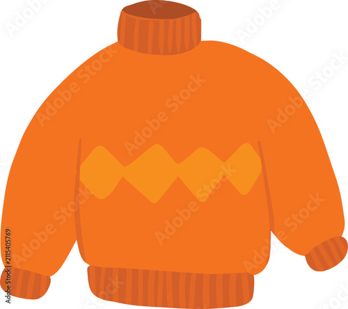 A simple cartoon illustration of a warm orange turtleneck sweater with a lighter diamond pattern across the chest, featuring ribbed details.
