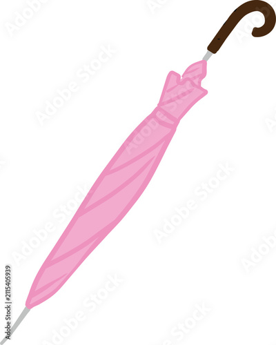 A single closed pink umbrella with a curved brown handle, neatly folded and ready for use or storage.