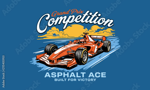 Vintage grand prix competition illustration of an orange formula race car on a track