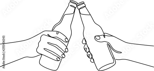 Quadro su tela Continuous line drawing of two hands clinking beer bottles.