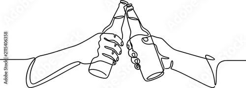 Foto Continuous one line drawing of hands clinking beer bottles together
