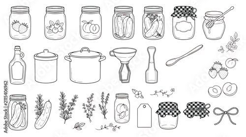 Bild auf Leinwand Hand drawn kitchen pantry jars and spice containers vector set, rustic food stor