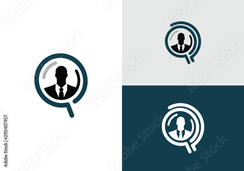 Recruitment logo with a silhouette of a person inside a magnifying glass.
