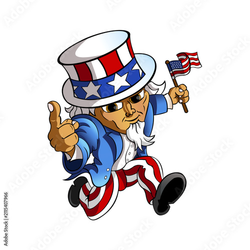 Uncle Sam Cartoon Illustration with American Flag and Patriotic Theme.