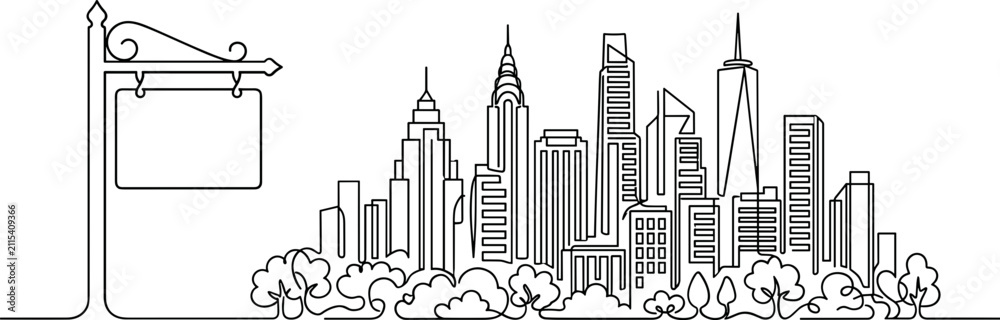 Obraz premium Continuous line drawing of a modern cityscape with a blank signpost.