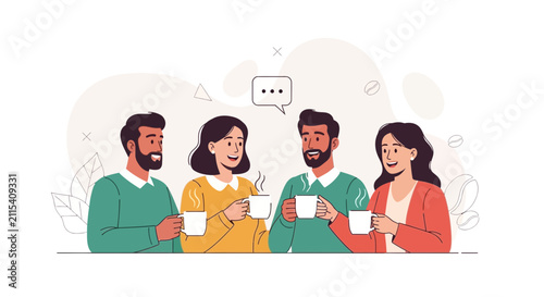 Diverse group of friends enjoying coffee and conversation, flat vector illustration.