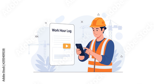 Construction worker using smartphone to log work hours on digital timesheet with cranes in background - Flat illustration