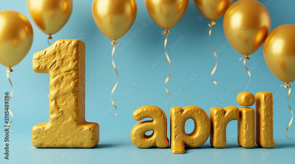 Obraz premium Golden number 1 and word April with shiny balloons above on light blue background. Celebrate April Fools Day with fun party decorations and festive elements. Prank and joke holiday concept.