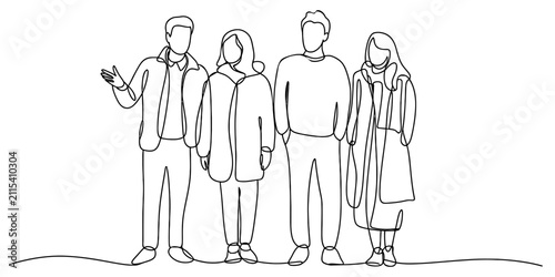 Continuous line drawing of a group of four diverse friends standing together