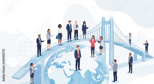 Diverse Business People Connecting Across Globe via Futuristic Bridge