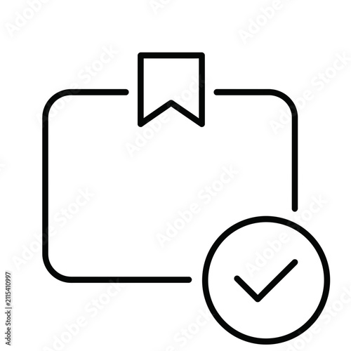Line art icon depicting a rectangular element with a bookmark ribbon and a verification checkmark, signifying successful saving or task completion, ideal for modern digital interfaces