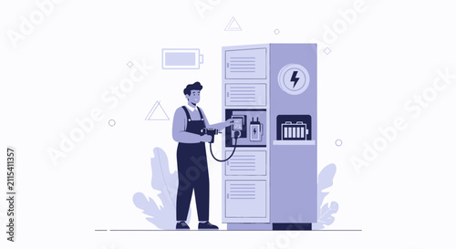 Man charging electric device at locker station with battery icon, flat design vector illustration