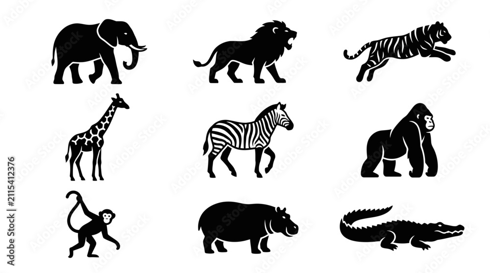 Fototapeta premium African safari and wild animal silhouette icon collection.
