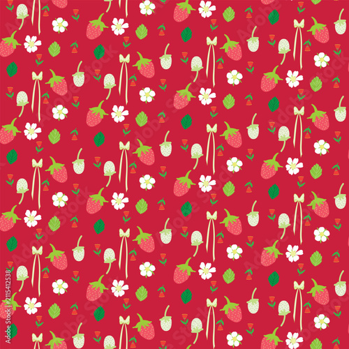 Cute Seamless Vector illustration featuring strawberries, white blossom, green leaves and delicate ribbons on a vibrant red background. Ideal for fabric, textile, gift wrap, wallpaper, stationery