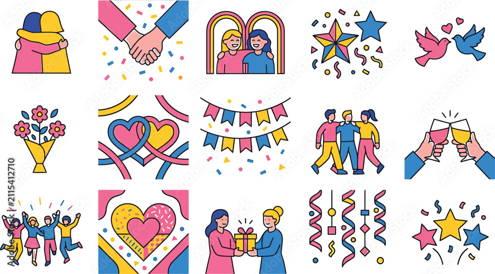 Fototapeta premium Social connection and celebration icons featuring people and symbols
