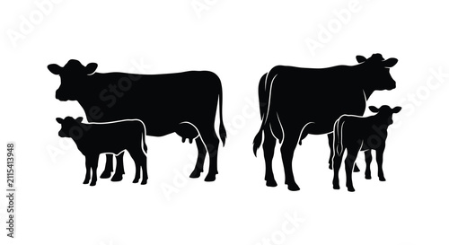 Картината върху платно Cow and calf silhouettes depict a pastoral scene with a minimalist black and whi