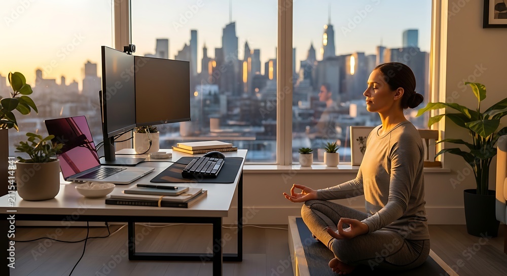 Obraz premium A woman meditates in a home office with a city skyline visible through the window at sunrise, promoting work-life balance and wellness.