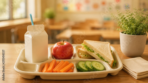 Healthy school lunch tray with sandwich, apple, carrot sticks, cucumber slices, and milk carton on wooden table in classroom setting with blurred background of empty desks and colorful wall 