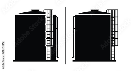 Two industrial storage tanks with ladders depicted as black silhouettes against a white background tank containers vessel vessels