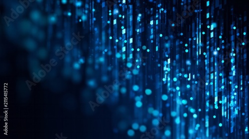 Shimmering blue particles and digital streaks create a vibrant, abstract background.