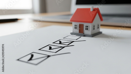 Miniature residential house model with red roof on paper checklist showing three completed checkmarks and one empty square, blurred laptop on wooden office desk background.